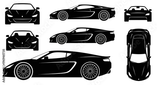 Black Sports Car Silhouette: Front, Side, Top Views