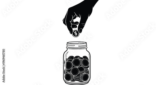 A hand dropping a coin into a glass jar filled with savings