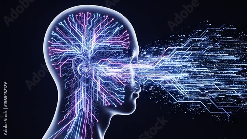 Human profile silhouette integrated with glowing neural network pathways, artificial intelligence concept, digital consciousness representation.