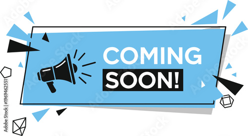 Coming soon announcement banner with megaphone icon, modern marketing promotion template, business launch teaser, advertising concept blue geometric design vector