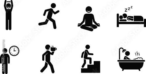 Daily routine icons, morning to night activities, lifestyle symbols, waking, running, meditation, sleeping, time management, coffee, stairs, hygiene, wellness