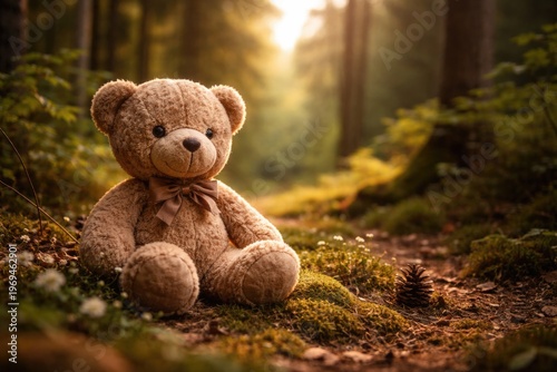 Small teddy bear sitting peacefully in a natural forest clearing