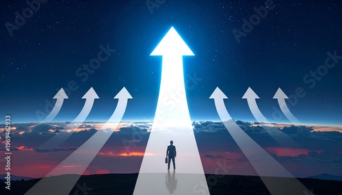 Leadership and breakthrough concept with bold arrow moving forward, symbolizing ambition, progress, and achievement.