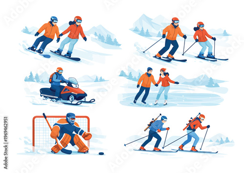 077-26Set of illustrations featuring people participating in different cold season outdoor sports