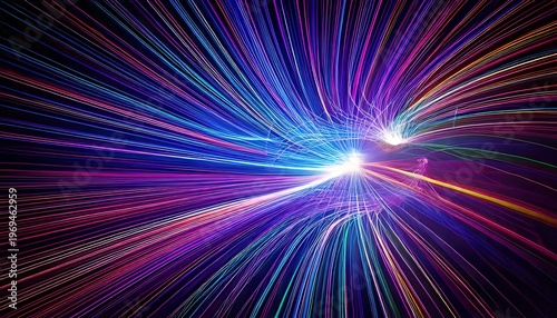 Explosão de raios luminosos em cores vibrantes neon simbolizando conexão de rede ultrarrápida, tecnologia futurista e fluxo de energia digital.