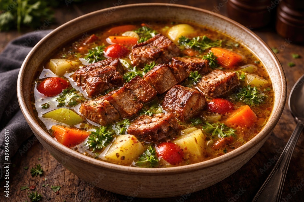 Fototapeta premium Hearty bowl of soup featuring roasted pork and fresh vegetables