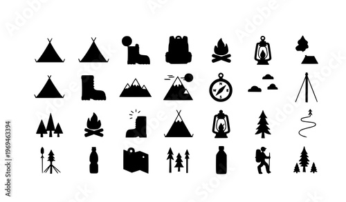 Camping and hiking colored icons set hand drawn outdoor adventure vector eps10