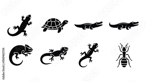 A collection of reptile and insect icons featuring a lizard turtle alligator and beetle in black silhouette high quality professional detailed