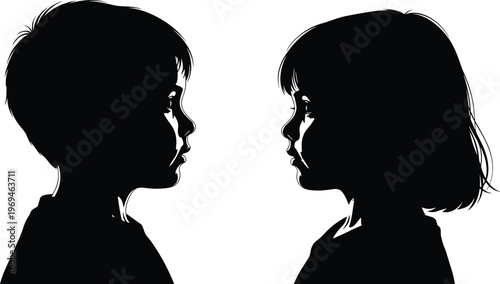 Silhouette of two children facing each other, boy and girl profile, communication, friendship, childhood, connection concept black white vector illustration