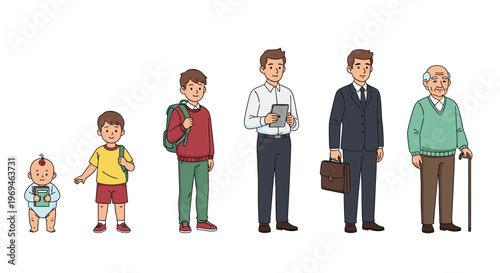 Character Illustration Showing Different Life Stages from Baby to Elderly for Education, Family, and Demographic Graphics
