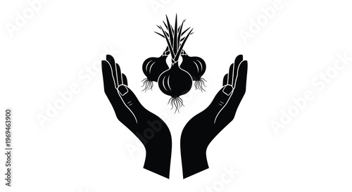 Hands cradling a bunch of garlic in a minimalist black and white style