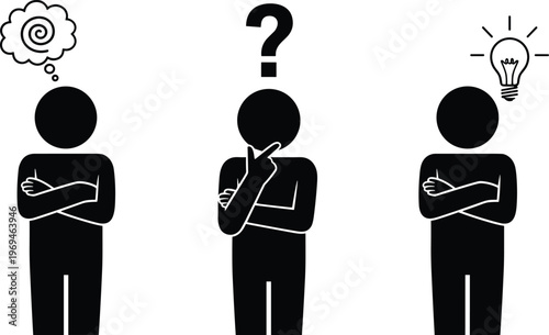 Thinking process concept with question mark and idea light bulb, problem solving, decision making, brainstorming people silhouette vector illustration design