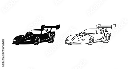 Two stylized race cars one dark and one light depicted in a graphic design