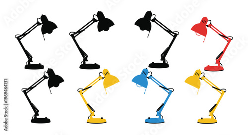 A collection of adjustable desk lamps in various colors and silhouettes