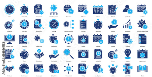 Time Management Icon Set Collection Pack Banner Web Vector Illustration  Concept. Containing time, Alarm Clock, management, Time Zones, Schedule, calendar icon