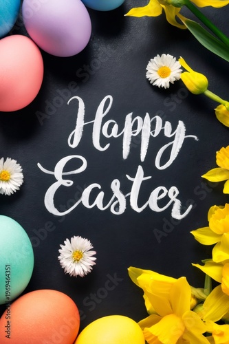 Happy Easter greeting on chalkboard with colorful eggs and daffodils