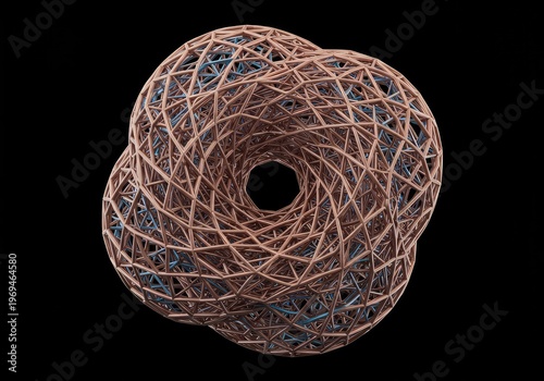 Digital rendering of a complex, interwoven geometric structure undergoing extreme stress, showing transformation and abstract mathematical distortion ,change ,effect ,tension