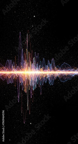 Digital visualization of complex frequency waves, showing data flow and energy transfer in colorful, rhythmic abstraction ,high technology ,physics ,sine