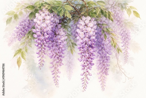 Hand painted wisteria blossoms with detailed leaves watercolor art