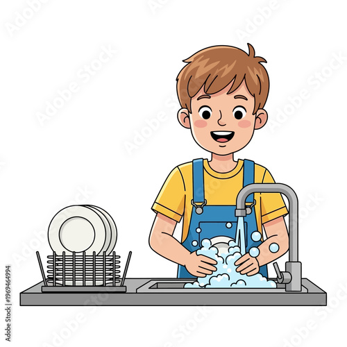 Happy Boy Washing Dishes in Kitchen Sink with Bubbles and Plates