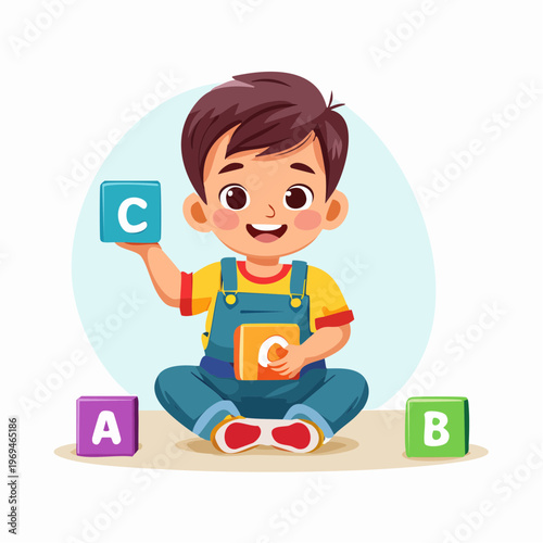 Adorable cartoon toddler happily engaged in early childhood education, playfully interacting with colorful alphabet blocks to foster cognitive development and joyful learning experiences