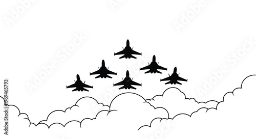 A formation of fighter jets flies above the clouds in a dynamic display