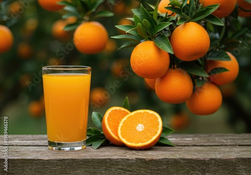 Golden fresh juice in a tall glass among ripe oranges hanging from branches in a sun-drenched citrus orchard, ready for harvest ,sweet ,beverage ,abundance