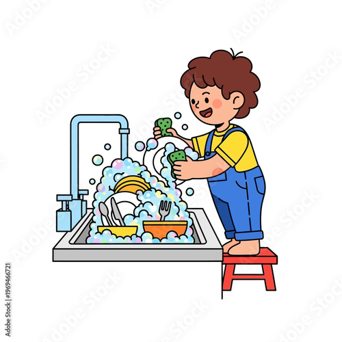 Happy child doing dishes, washing plates with sponge in soapy water, domestic chore, illustration