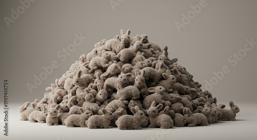 Hundreds of small, cute, furry toy rabbits are densely stacked together forming an enormous, strange, and chaotic mound or heap ,hundreds ,crowded ,bizarre