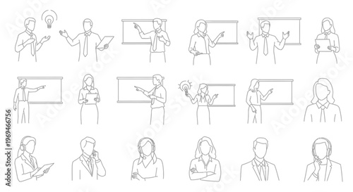 Business people presenting ideas on whiteboard and giving presentations in a line art style