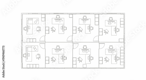 Office floor plan with eight desks and chairs