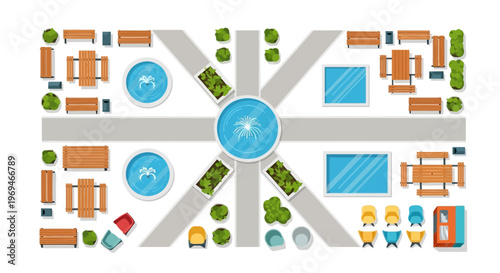 top down view of a park with benches and fountains