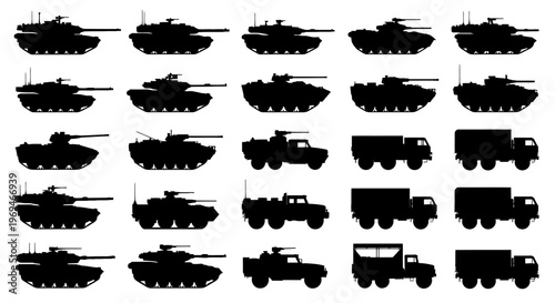 Military vehicles silhouettes tanks and trucks collection
