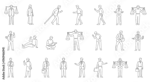 line art business people icons set with various poses and actions
