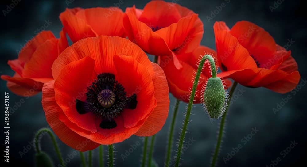 Obraz premium Vibrant red poppies with delicate petals and a green stem on a dark background