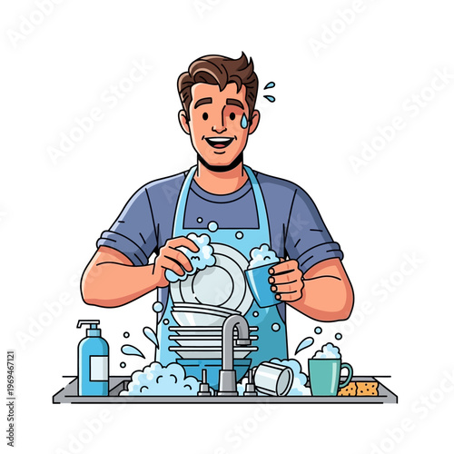 Happy Man Washing Dishes in Kitchen Sink with Soap Suds and Bubbles