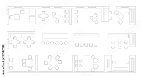 Office furniture layout plan with tables and chairs