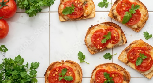 Fresh tomato and parsley pizza toasts arranged on white tiled table from above with copy space