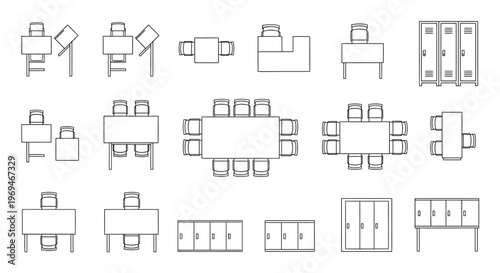 Office furniture line drawings set including desks chairs lockers