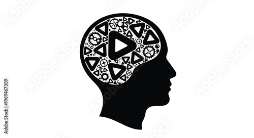 Silhouette of a human head filled with gears and play buttons, symbolizing creative thinking and ideas.
