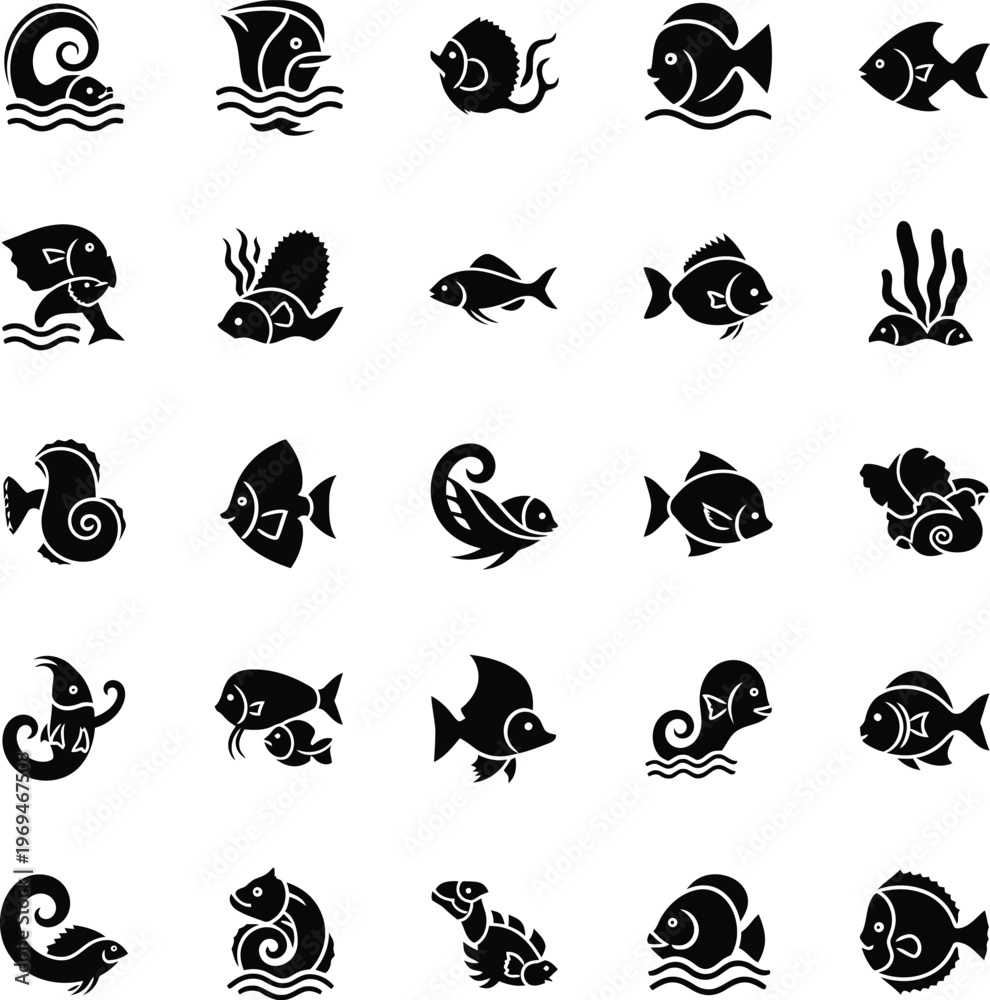 Fototapeta premium Black and white fish on white background silhouettes sea creatures ocean animals
