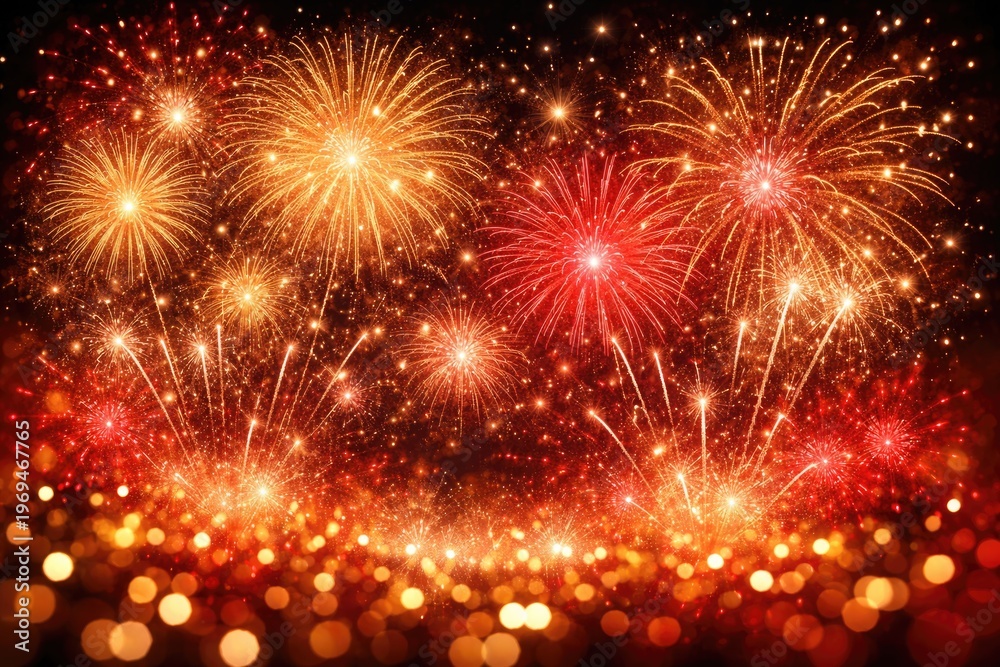 Fototapeta premium Red and Gold Fireworks Display Against a Dark Background for Celebration