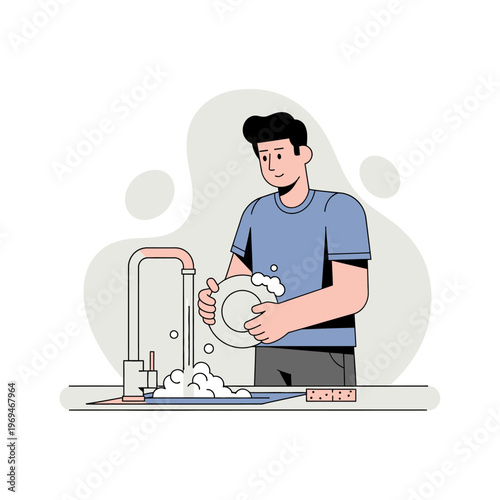 Man Washing Dishes at Kitchen Sink with Soap Suds, Domestic Chore Illustration