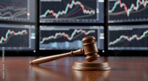 Close-up of a wooden gavel on a sound block with multiple screens displaying financial charts in the background on a polished wood surface.