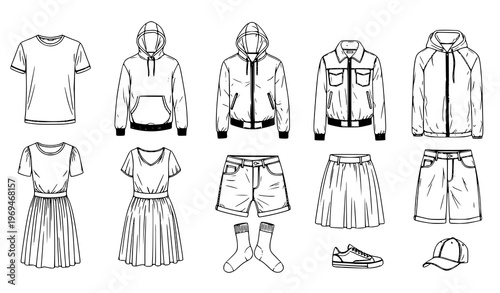 Black and white clothing set vector sketch with modern apparel collection isolated on white background