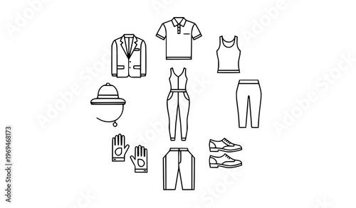 Minimal clothing icons set in black white outline style with modern apparel elements isolated vector