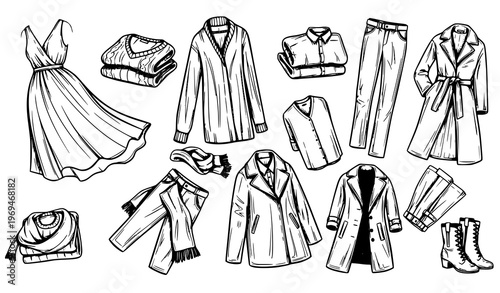 Hand drawn fashion clothing collection in black white sketch style with dynamic apparel elements isolated