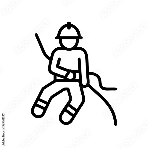 Rescue worker rappelling down with rope safety equipment outline
