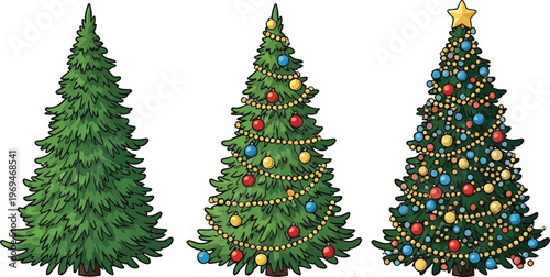 Three Christmas Trees with Different Decorations decorated trees ornaments lights star