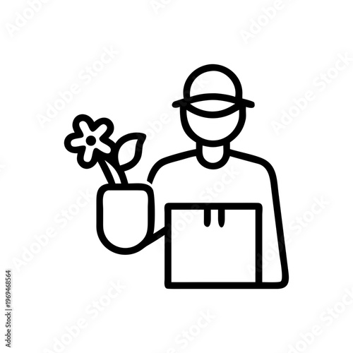 Flower delivery man icon black line, courier holding potted plant outline, vector graphic